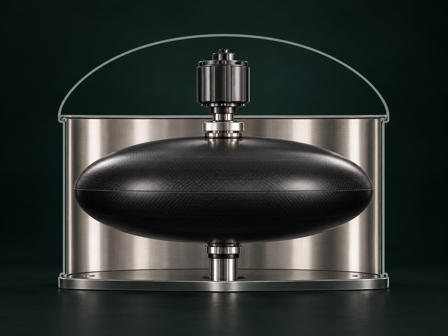 KineticCore flywheel inside a silver cylindrical housing with a domed container outline