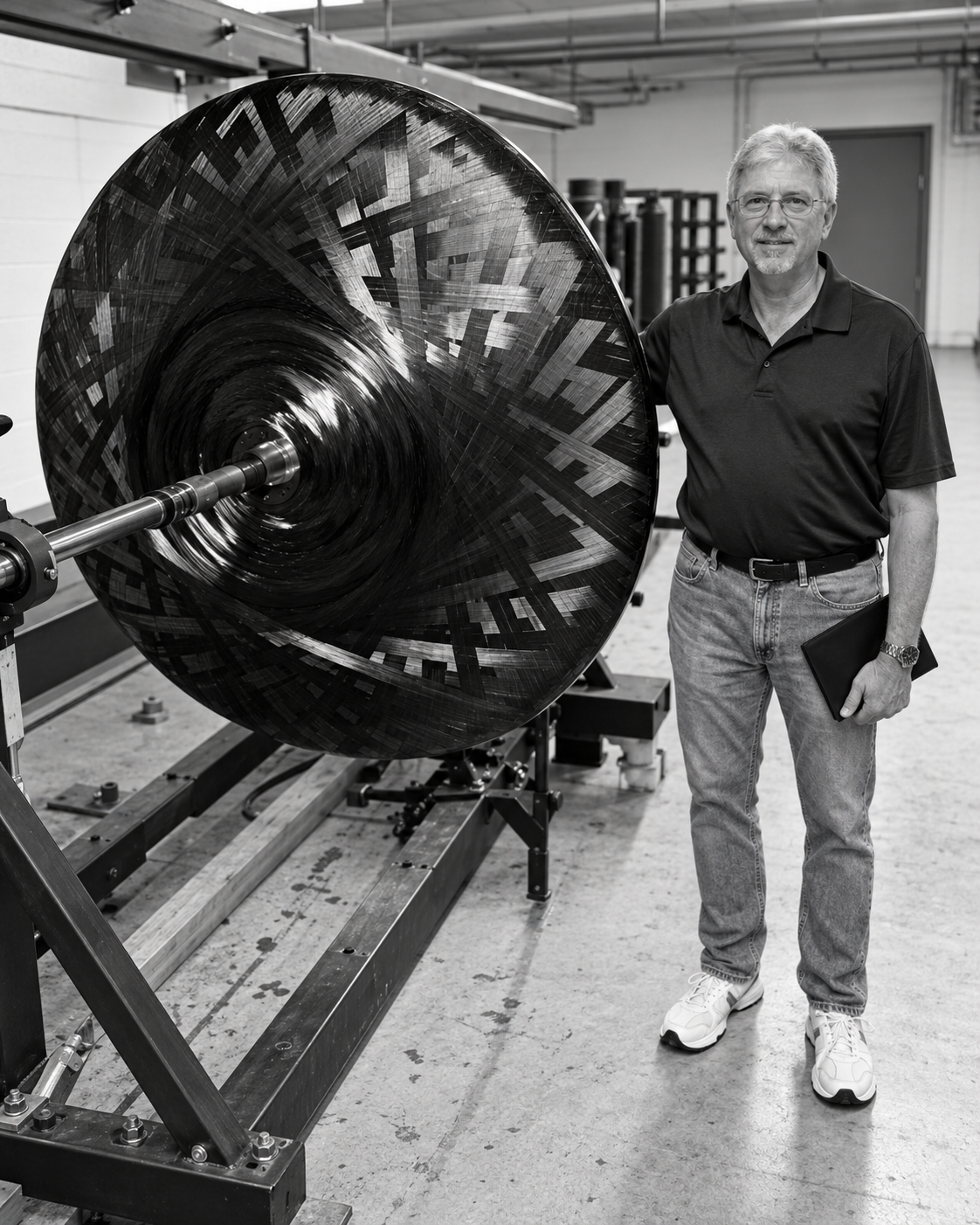 A person standing beside the developmental KineticCore flywheel